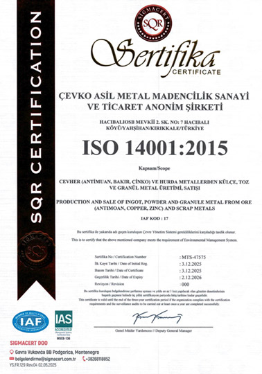 Çevko Asil Metal ISO 14001