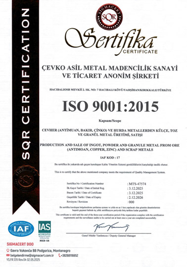 Çevko Asil Metal ISO 9001
