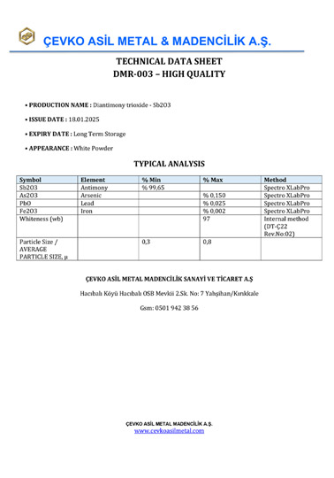 Çevko Antimony Trioxide Data Sheet